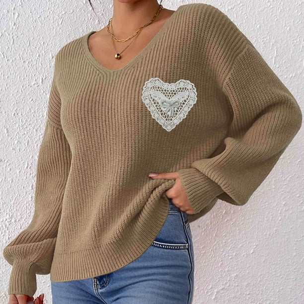 Heisall Women's Sweaters Autumn Winter Casual Loose Pullover V-Neck Lace Bow Knot Appliqué Tops