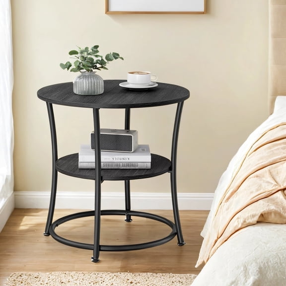 LEDREM Modern 2 Tier Round Accent Table, Reinforced Metal Frame Nightstand, Compact Circular Side Table with Storage, Space Saving, 66lb Capacity, Easy Assembly, Gray and Black