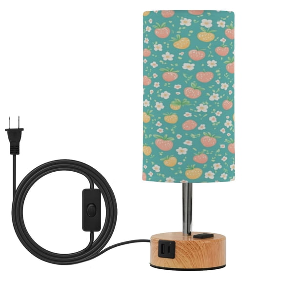 Wobogo Strawberries Flowers Pattern Bedside Lamp Touch Control Table Lamp with USB A C Charging Ports & AC Outlet 3-Way Dimmable Nightstand Lamp with Linen Fabric Shade for Bedroom Living Room