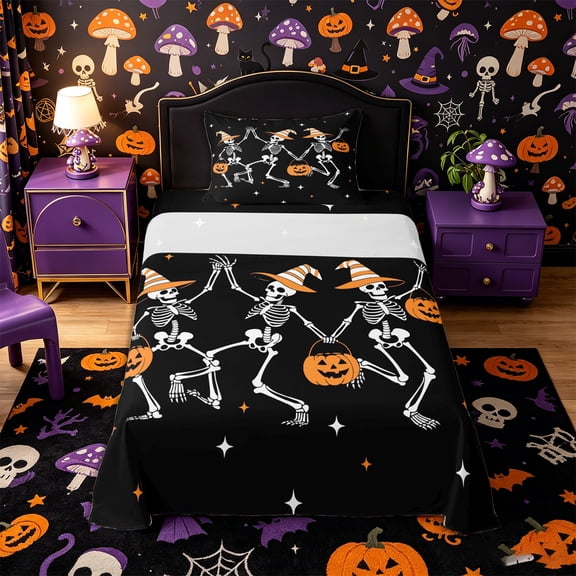 Manfei Halloween Gothic Skeleton Twin Sheets 3pcs, Festival Pumpkin Bedding, Black Orange White,1 Fitted Sheet, 1 Flat Sheet and 1 Pillowcase