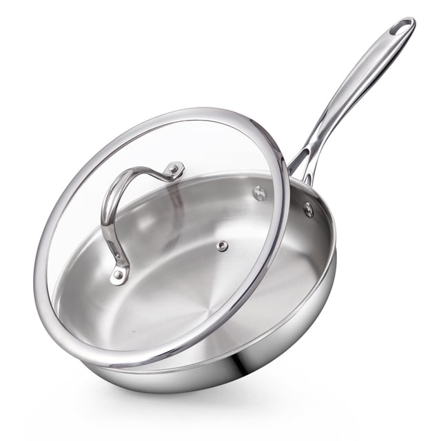 Cooks Standard Stainless Steel Frying Pan with Lid, 8-Inch Multi-Ply Clad Wok Stir Fry Pan, Kitchen Skillet, Silver