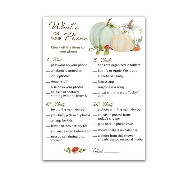 PUMPKINS Baby Shower Game — WHAT'S ON YOUR PHONE Baby Shower Game — Pack of 25 — LITTLE PUMPKIN Baby Shower Games, Fall Halloween Baby Shower Game, Baby Shower Activity, SKU G332-PHN