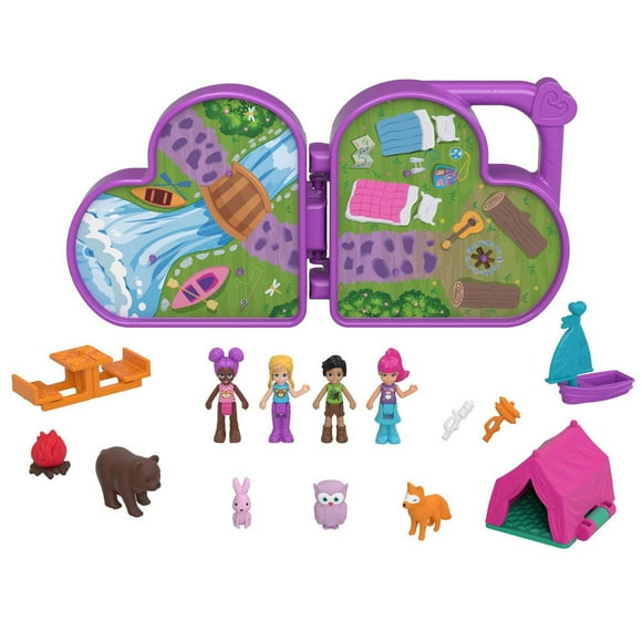 Coffret Polly et ses amies Polly Pocket, thème de camping avec animaux, coffret en forme de cœur, toile de fond scénique, 4 micro-poupées et 10 accessoires dont certains à tige, excellent cadeau pour