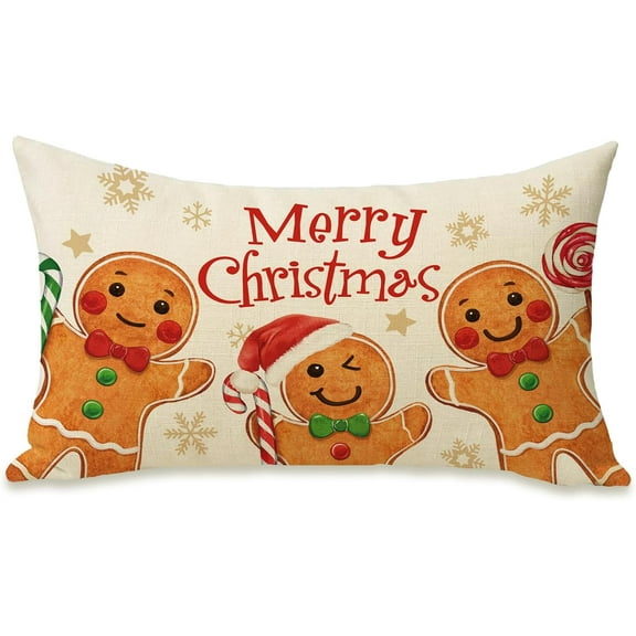 Merry Christmas Lumbar Decorative Rectangle Pillow Cover 12 x 20, Xmas Gingerbread Man Porch Patio Outdoor Pillowcase, Funny Winter Holiday Sofa Couch Cushion Case Home Decor