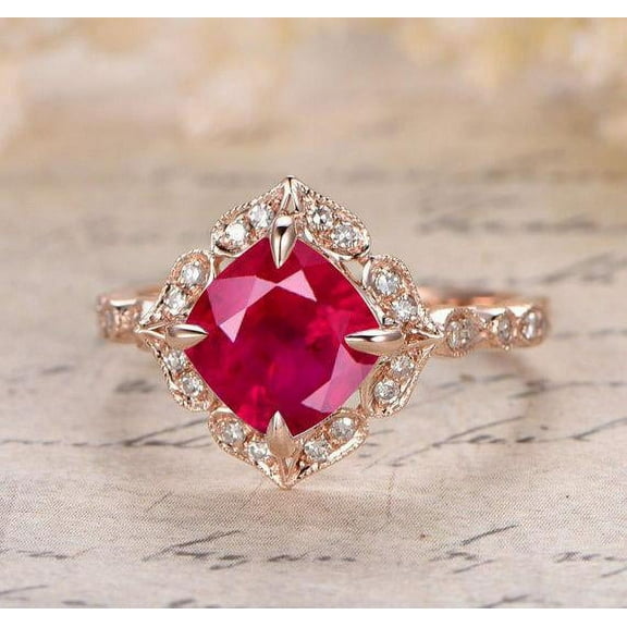 Limited Time Sale: Vintage Antique Design 1.25 Carat Red Ruby and Diamond Engagement Ring in 10k Rose Gold for Women on Sale