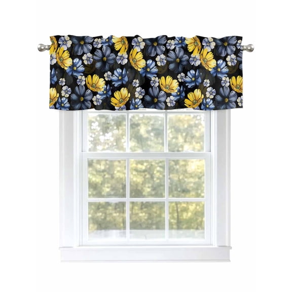 Yellow Blue Floral Valances for Windows, Rod Pocket Kitchen Valance Curtains - Soft & Washable Small Window Treatment for Living Room,Bathroom, Vintage, 54x18inch