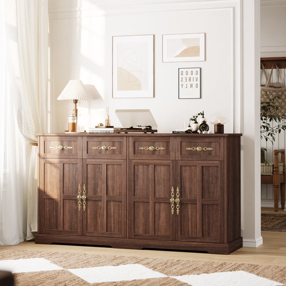 63" Farmhouse Storage Cabinet with 4 Drawers and 4 Doors, Buffet Sideboard, Gold Handles, Brown