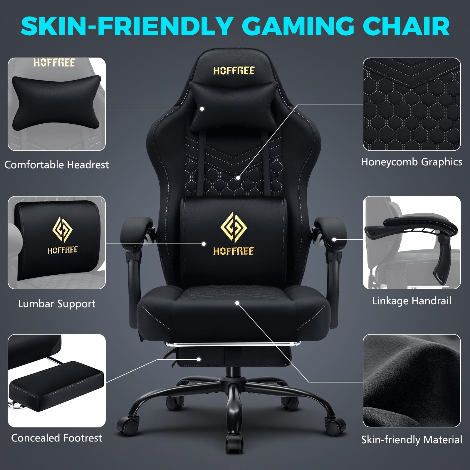 HOFFREE Gaming Chair with Massage and Footrest Skin-friendly Gamer Chairs for Adults Big and Tall Video Game Chair with Headrest and Lumbar Support for Office and Home Black