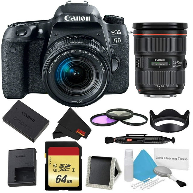 Canon EOS 77D DSLR Camera with 18-55mm Lens Bundle w/ 3 Piece Filter & Memory Kit + 24-70mm Lens (Intl Model)