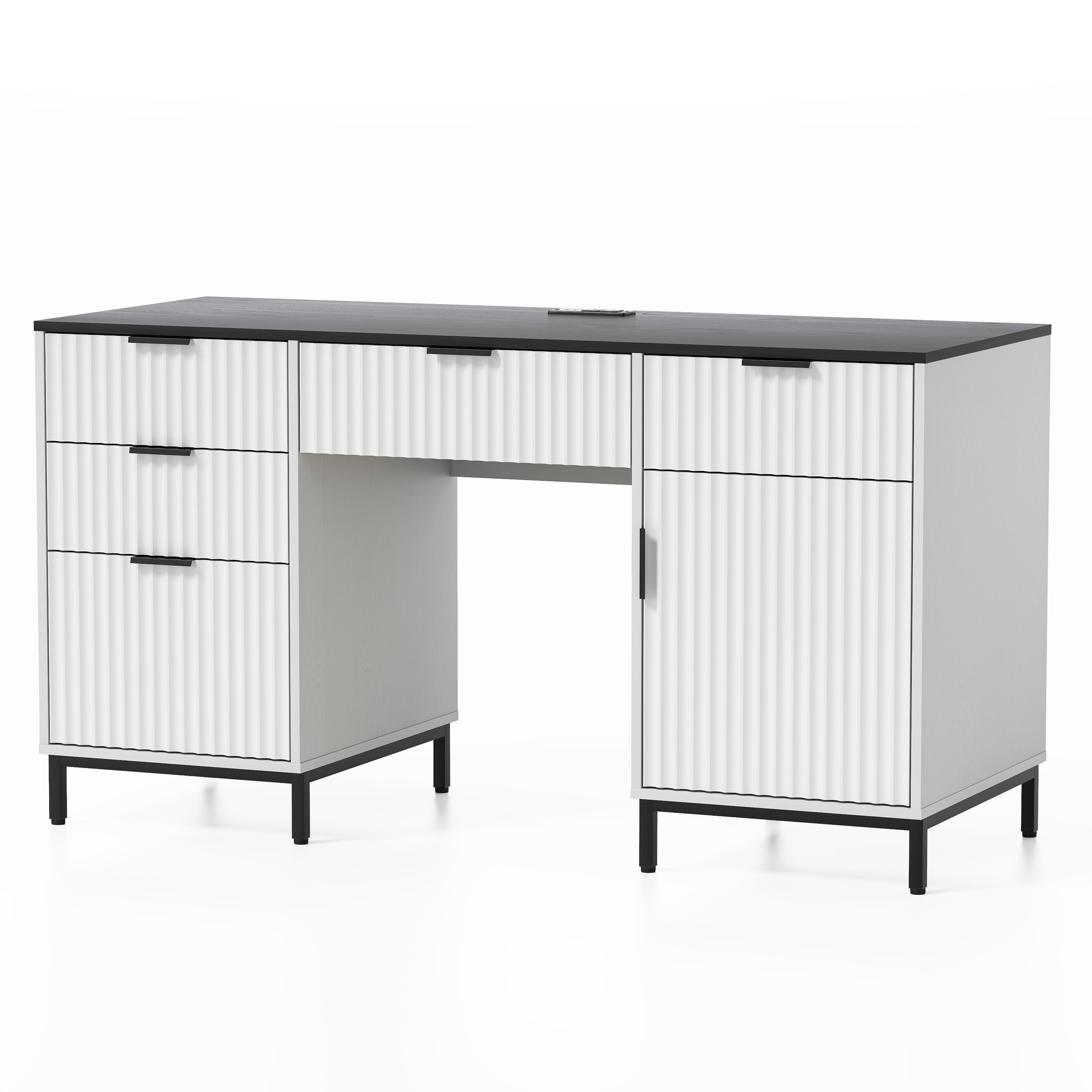 EYYTHUNG 55" Fluted Executive Desk, Modern Wood Computer Writing Desk Home Office Desk with Charging Station, Keyboard Tray, File Drawer, Storage Cabinet White