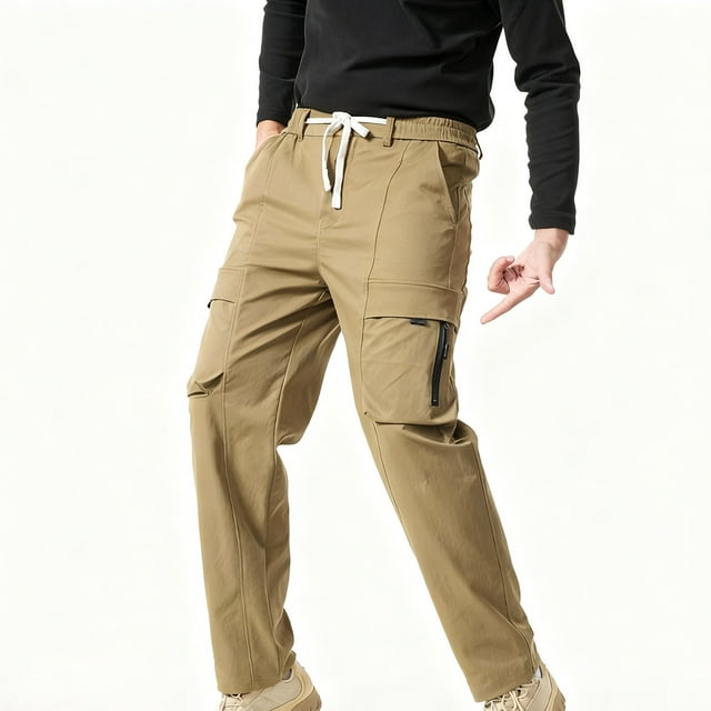 Ceisia Men Solid Color Fleece Multi Pocket Work Pants Loose Drawstring Gift Elastic Cuff Trousers