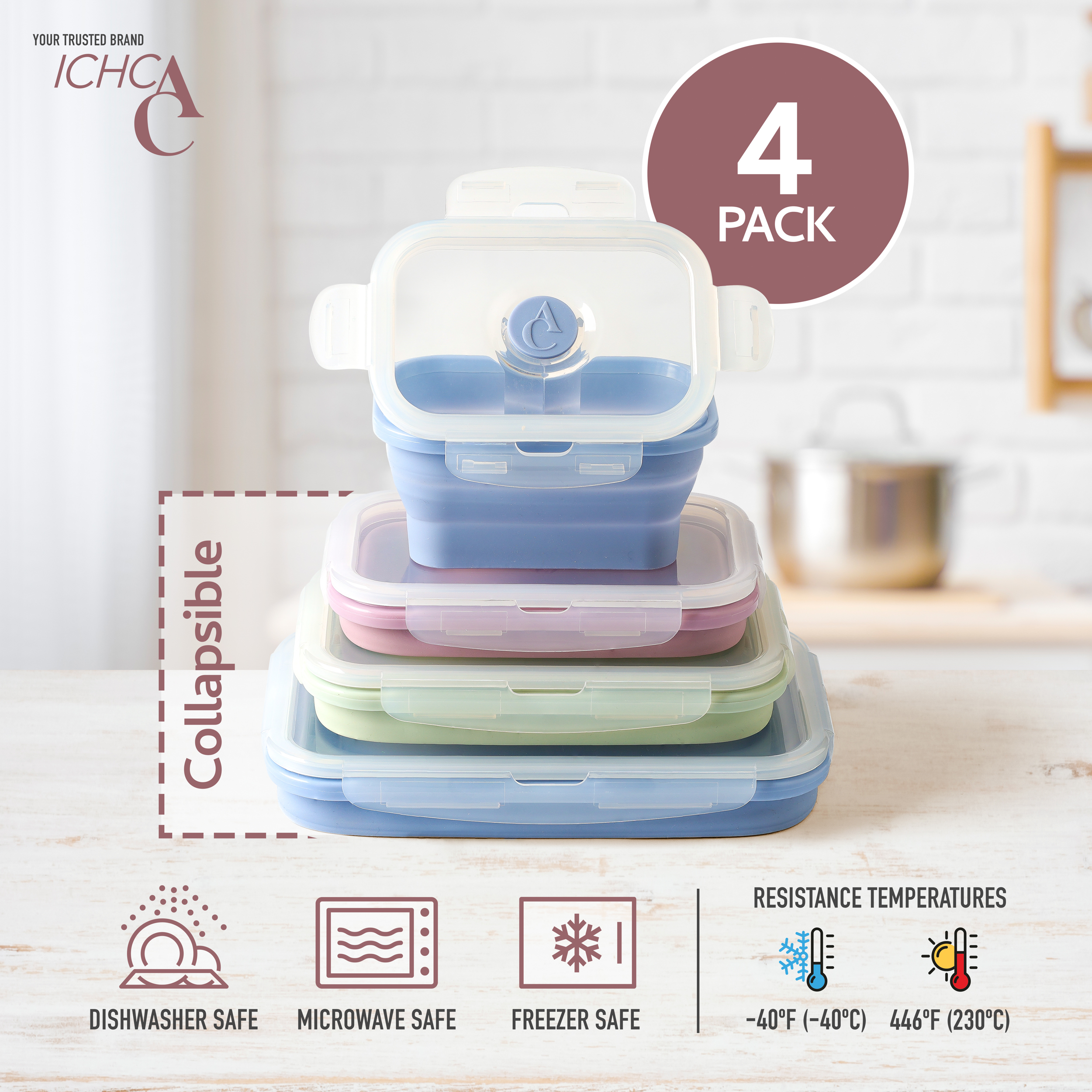 ICHC Collapsible Food Storage Containers - Reusable 4-Piece Set of Airtight Silicone Lunch Boxes