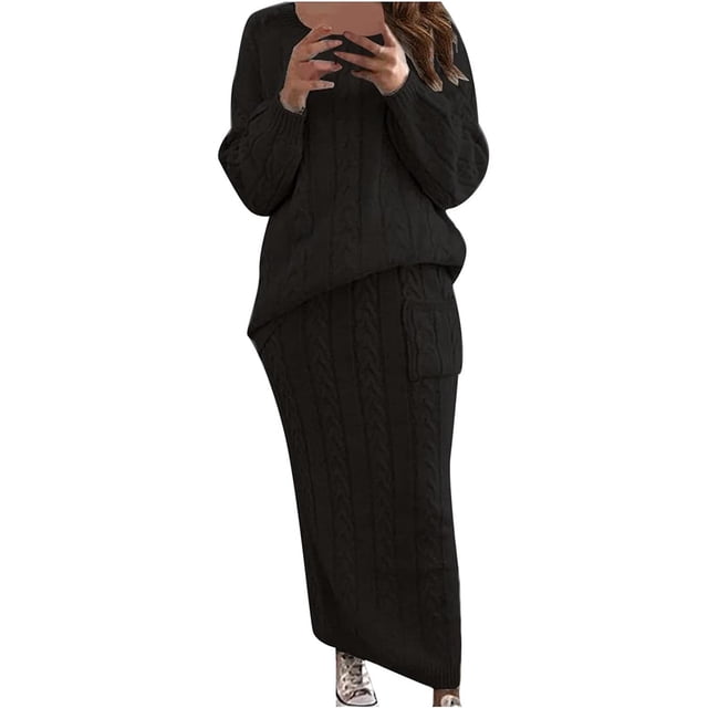 Vestido de punto, traje de dos piezas, suéter y falda de punto midi, conjunto de 2 piezas ajustado, vestido midi, vestido de suéter de cuello alto, conjunto de vestido de punto, vestido