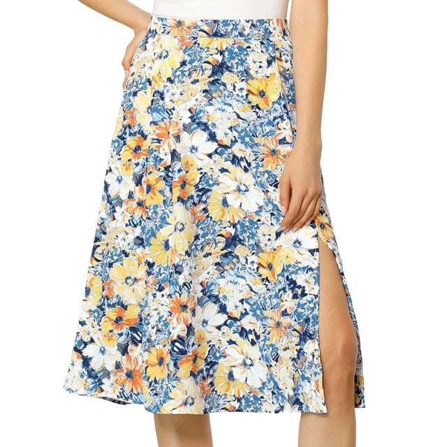 INSPIRE CHIC Falda A Media Pierna Con Abertura En La Cintura Y Estampado Floral Para Mujer Azul S
