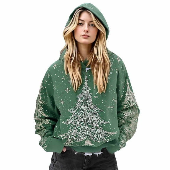 Christmas Clothes Womens Long Sleeve Oversized Graphic Hoodie Xmas Tree Printed Pullover Sweatshirts Loose Tops (XL, Green)