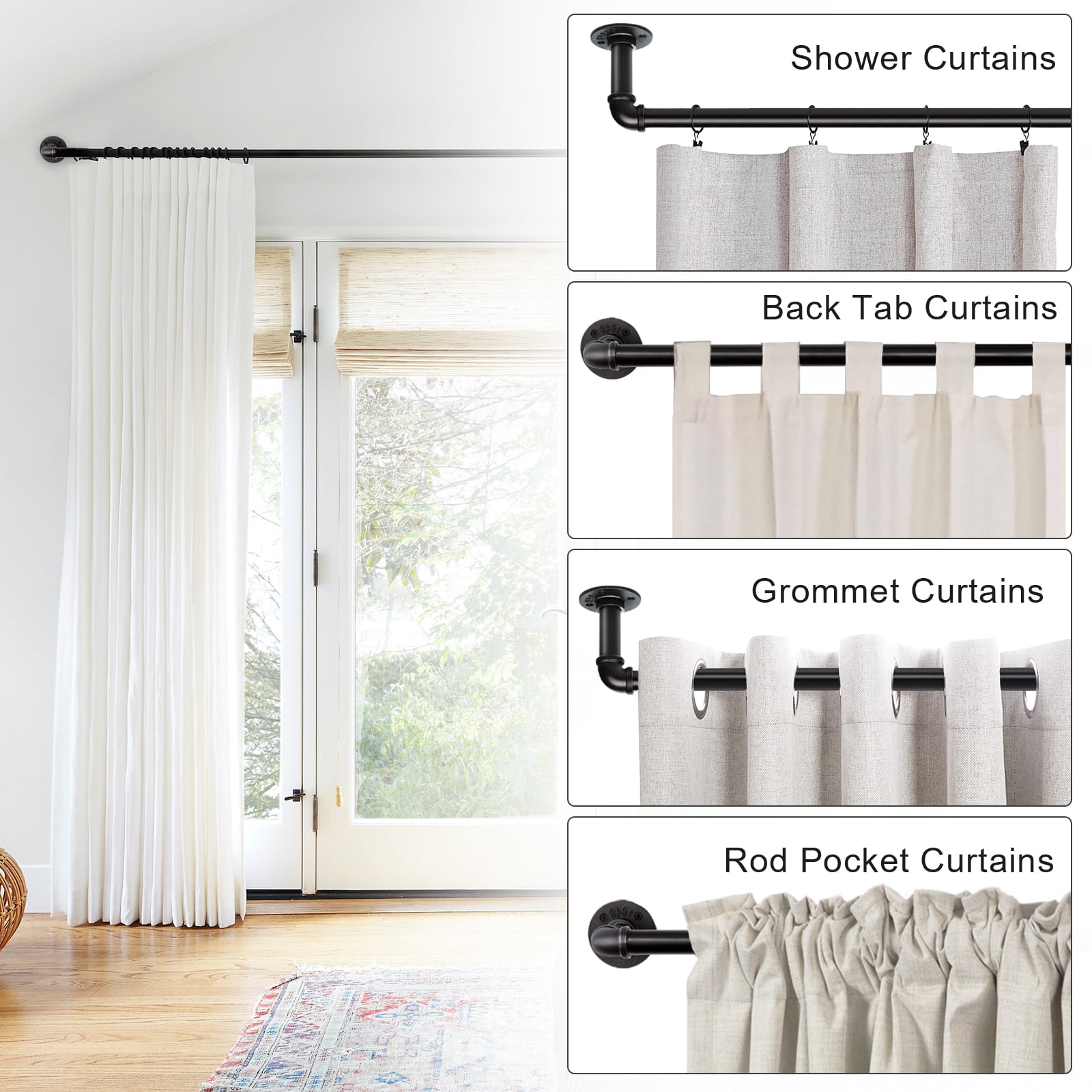 1" Black Wrap Curtain Rod for Windows 32"-48",Indoor/Outdoor Curtain Rods ,Heavy Duty and Outdoor Curtains