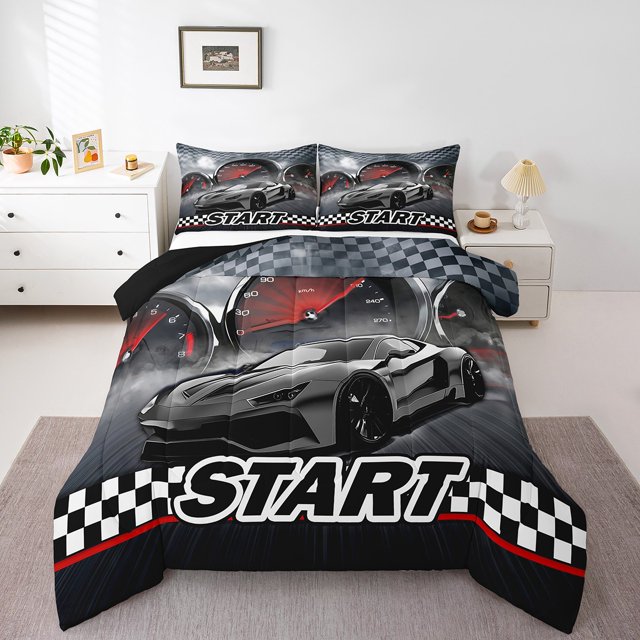 Erosebridal Geometric Buffalo Bedding King Comforter Set,Fast Car Bedding Sets King with Comforter,Racing Car Decoration,Reversible,Super Cozy,3 Pieces