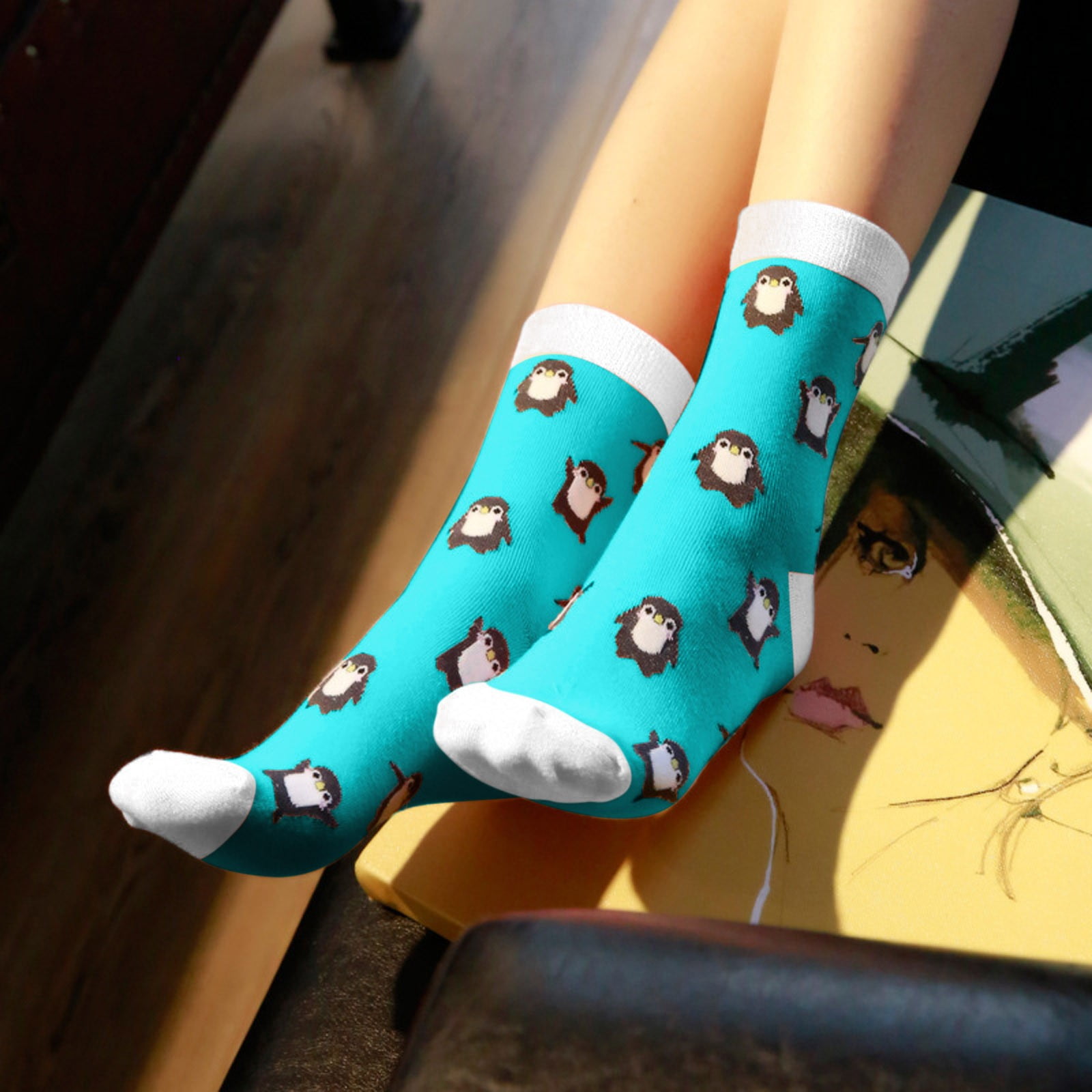 5 Pairs Cute Cartoon Penguin Animal Print Women Crew Socks Cotton  Hosiery Gifts 