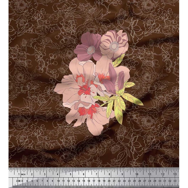 Soimoi Brown polyester Crepe Fabric Leaves & Floral Printed Craft Fabric by The Yard 42 Inch Wide