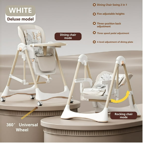 3 in 1 Convertible Baby High Chair Baby Swing Adjustable Seat for Eating,Portable ,Folding Baby Dining Chairs with Detachable Double Trays, Unisex,White