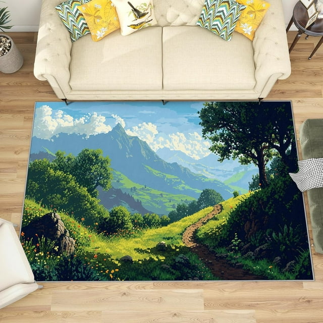 2x3 Rug, Mountain Door Mat Washable Non Slip Soft for Entryway, Nature Landscape Rug, Forest Scenery Carpet, Mountain Home Decor & Gifts