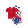 thumbnail image 1 of Kiapeise Kiapeise 3PCS Baby Girls Outfits Fly Sleeve Round Neck Shirt Tops Stripe / Heart Star Pattern Suspenders Shorts Headband Independence Day Sets, 1 of 9