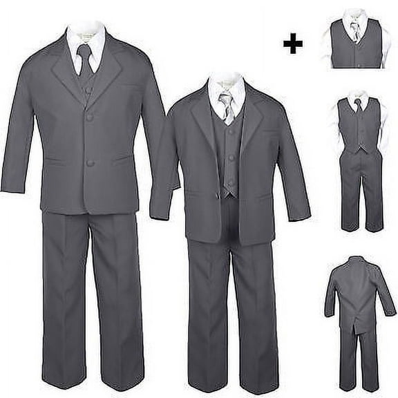 Boys Baby Toddler Teen Formal Wedding Dark Grey Tuxedo Suits Geometric Tie S-20
