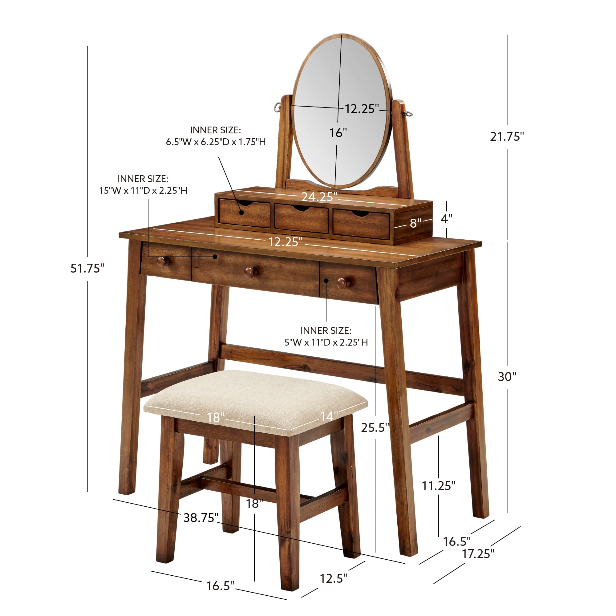 Linon Gwen 2-Piece Vanity Set, Includes Vanity and Bench, Walnut Finish with Natural Fabric