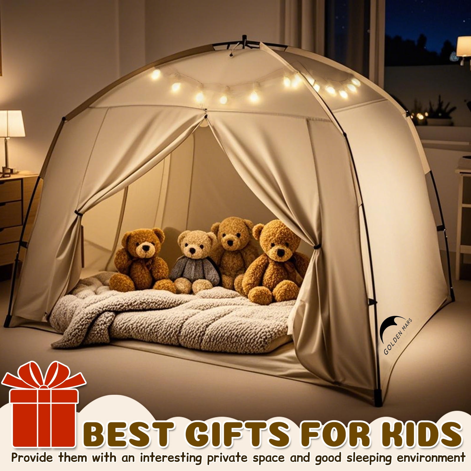 Bed Tents for Kids and Adult, Portable 100% Breathable and 85% Blackout Toddler Dream Play Tent, 3 Doors Privacy Space Sleeping Canopy for Indoor Floor or Twin Full Queen Sizes Bed (Khaki, Full-Size)