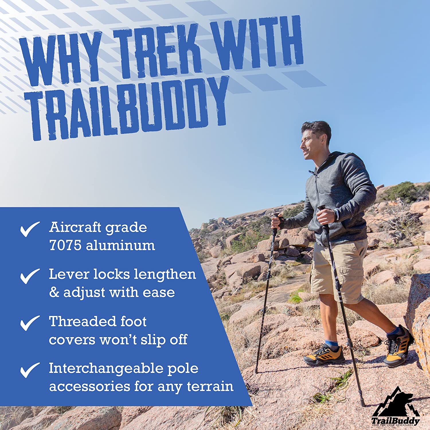 TrailBuddy Lightweight Trekking Poles, Set of 2 Pack Adjustable Aluminum Hiking or Walking Sticks, Quick Adjust Flip-Lock, Cork Grip, Padded Strap, Bumblebee Yellow - image 3 of 7