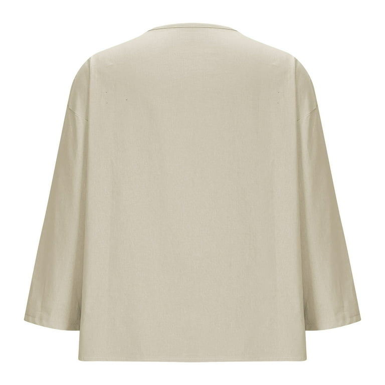 V Neck Button Down Blouse 3/4 Sleeve Loose Fit Women's Linen Button ...