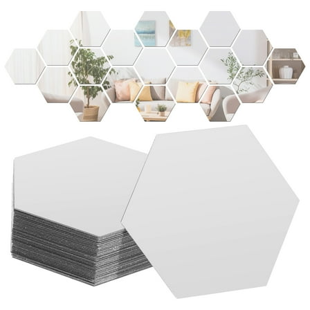 PAMINGONO 36Pcs Self Adhesive Mirror Tiles Wall Decoration For Living Room Acrylic Hexagon Silver 11.8x8.5x2In