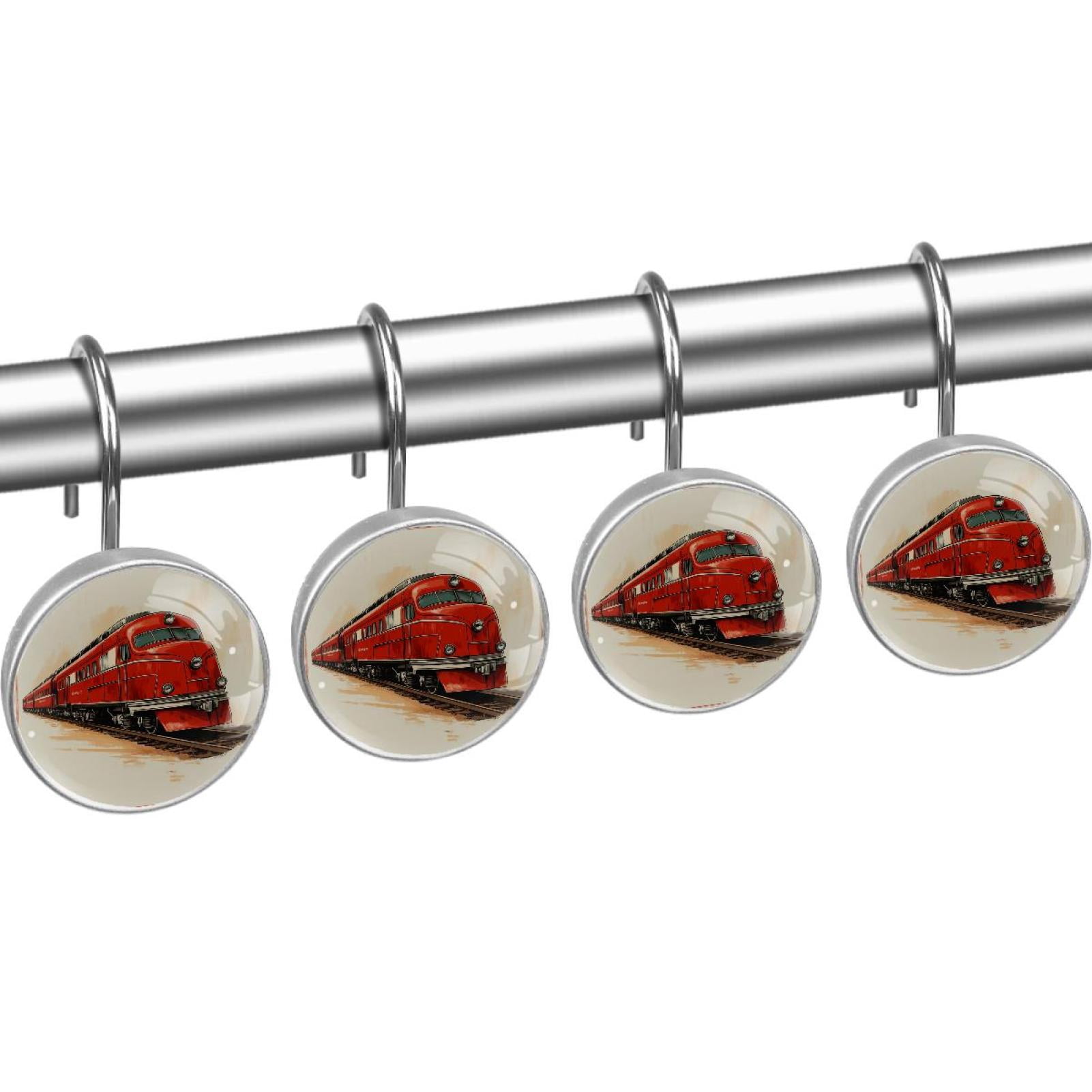 Red Retro Rail Car Shower Curtain Hooks Round Crystal Glass, Set of 12 Shower Curtain Rings - Shower Hooks for Curtain Shower Rings