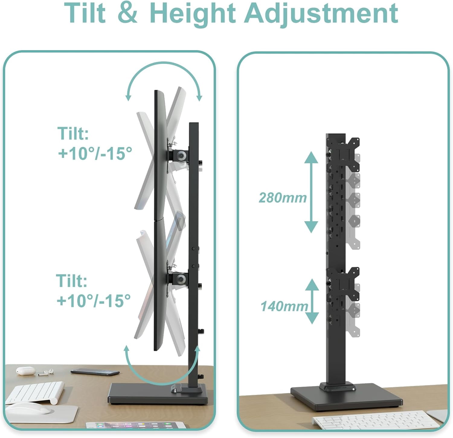 Dual Monitor Stand with Base Vertical Stack Screen -Standing Monitor Riser Fits Two Screen  36 & One Screen  43 with Swivel Tilt Height Adjustable 50 75 and 100mm Vesa Base Stand
