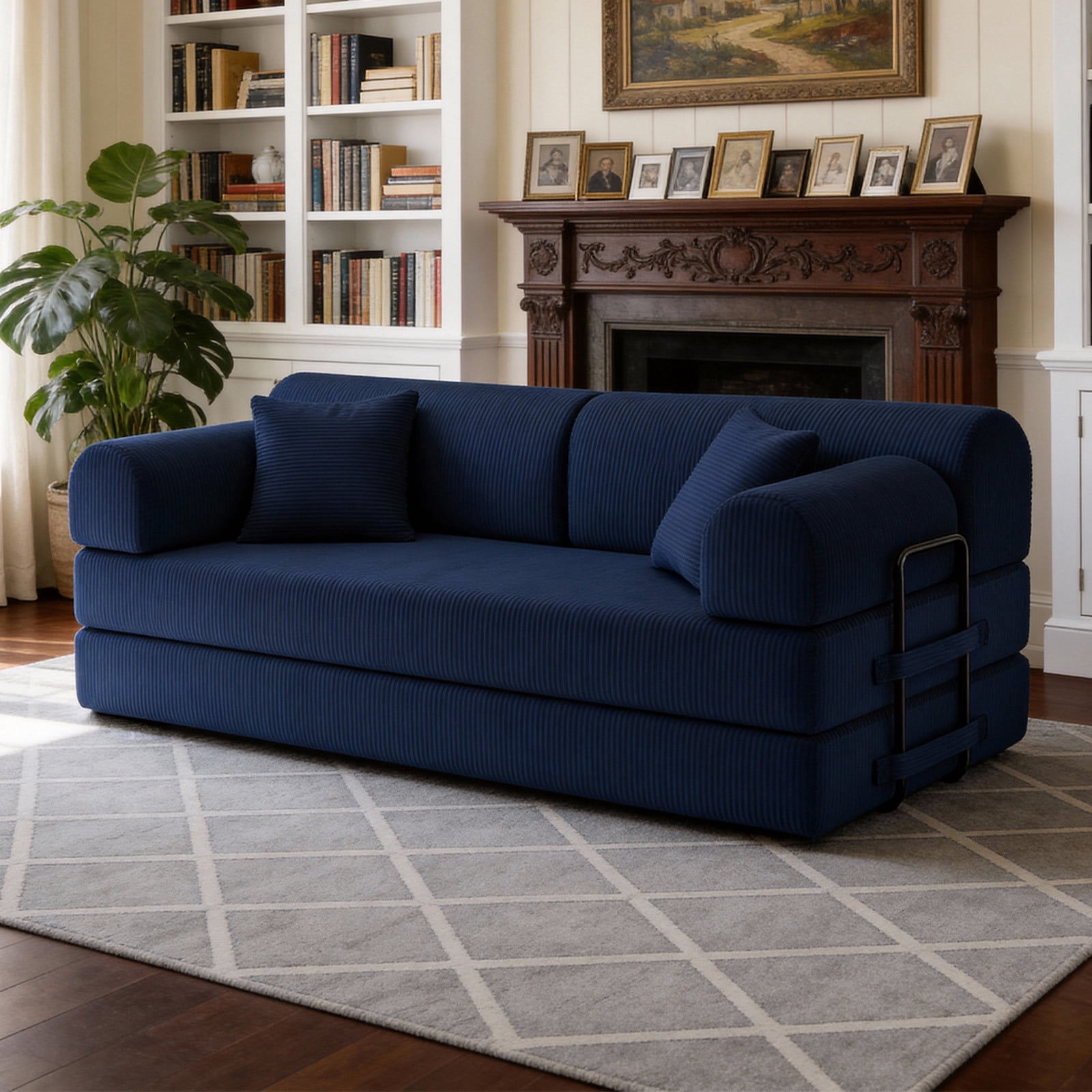 Hommoo Modern Convertible Sleeper Sofa Couch Bed, Compressed Corduroy Fabric Floor Sofa Couch with Fixed-Shape Frame, Blue