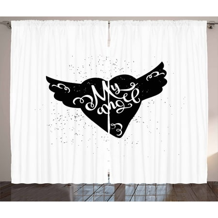 Dirty Windows - Romantic Curtains 2 Panels Set, Cartoon Heart with Wings My Angel Stylized Lettering Black and White Dirty Look, Window Drapes for Living Room Bedroom, 108W X 96L Inches, Black White, by Ambesonne