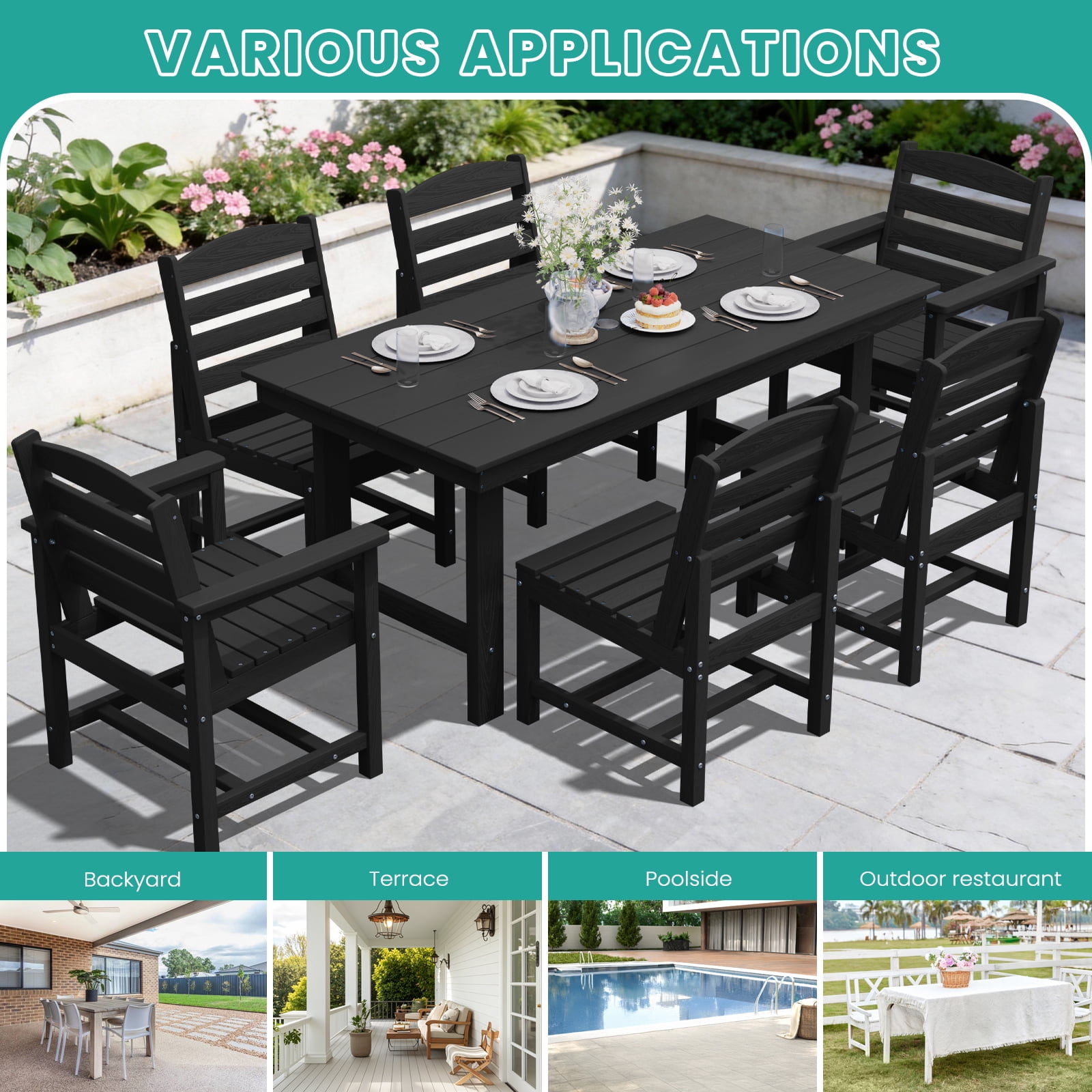 LOYALICE 7 PC Outdoor Patio Furniture Set, Patio Dining Sets, 6 Chairs and 1 Table, Black