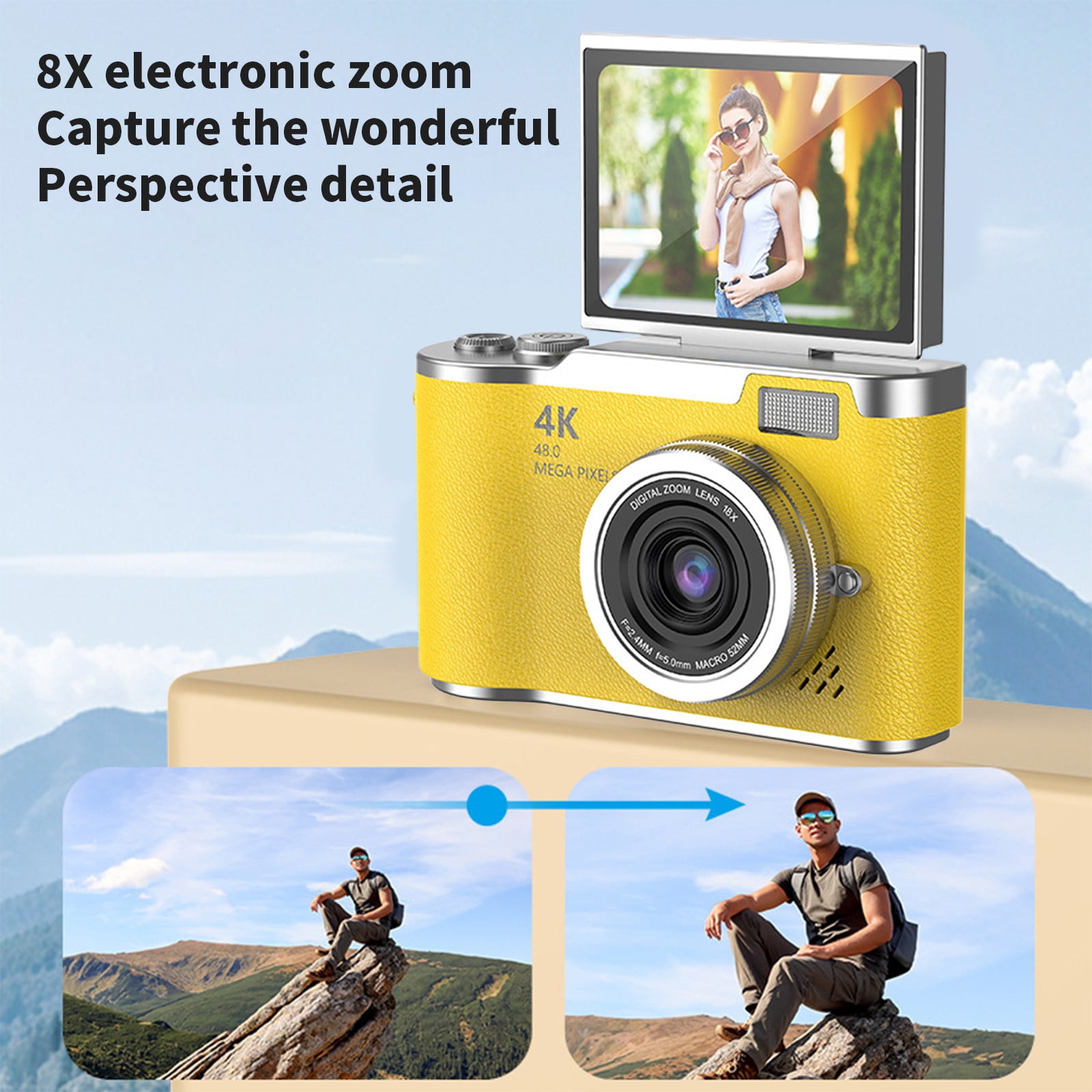Digital Camera, Gaqring 2.4 Inch Flip Screen Autofocus 1080P HD Selfie Beauty Camera, 8X Digital Zoom 48MP CMOS Sensor Night Vision Flash Portable Teen Camera, Yellow
