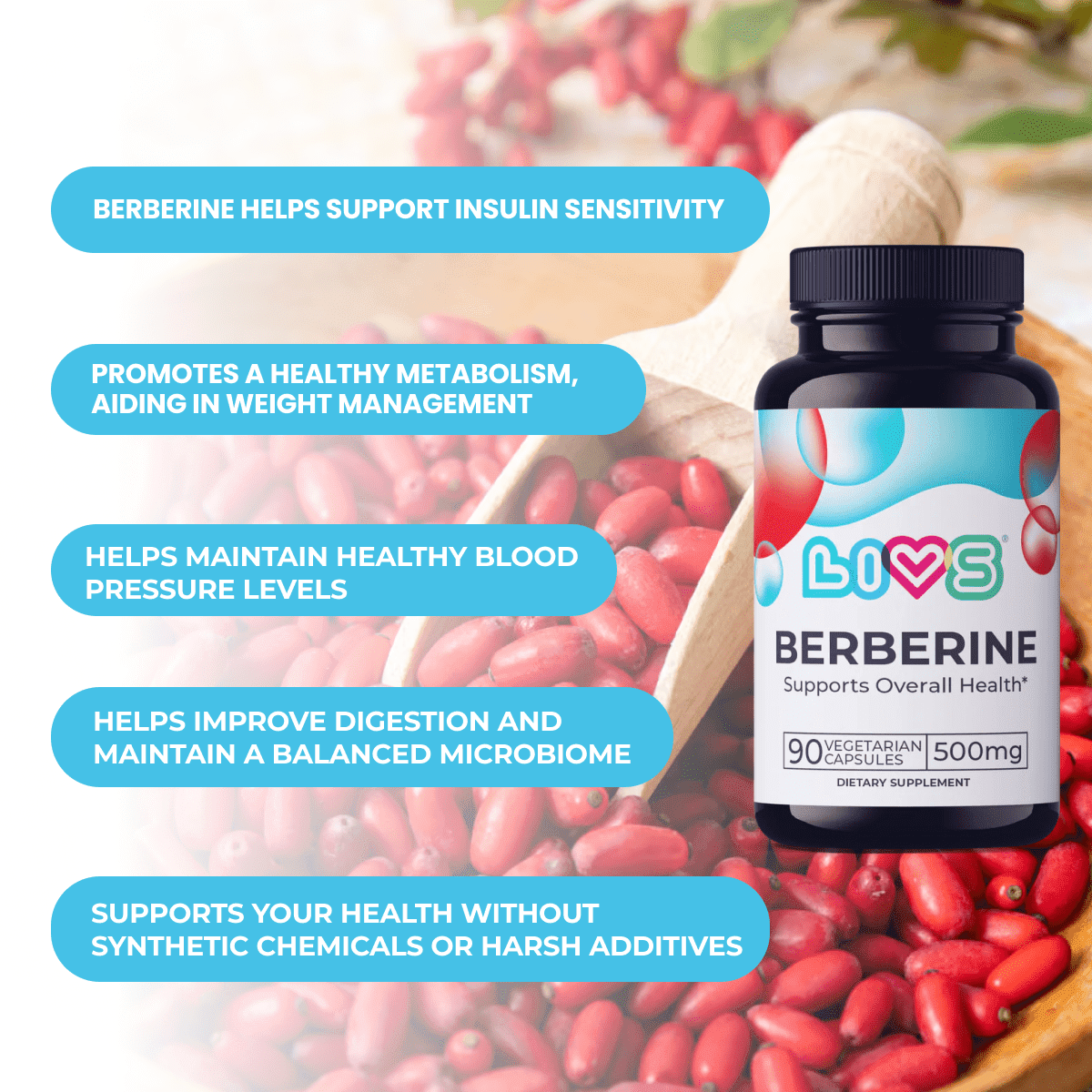 LIVS Berberine Capsules 500mg – Cholesterol, Triglyceride & Gut Health Support, Vegan Supplement – 90 Count