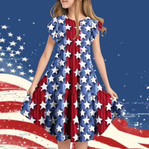 Girls Short Sleeve Ruffled Dress 4th of July Outfits for Girls, Red White Blue Print Summer Sundress Casual Playwear 13-14 Years