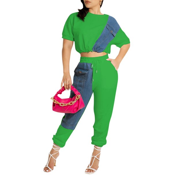 TRKIYQC Conjuntos de Pantalones Largos para Mujer, Camiseta Corta de Patchwork de Manga Corta + Conjunto de Pantalones de Cintura Elástica de Cintura Alta TRKIYQC moda