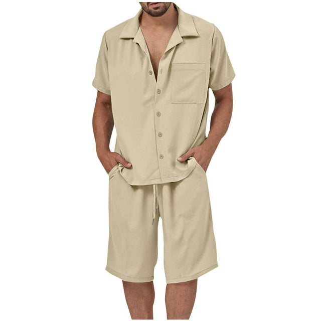 NTACZA Short Sleeve Shorts Set Mens Button Down Stretch Tracksuits Mens Elastic Waist Collared Sweatsuits 3XL