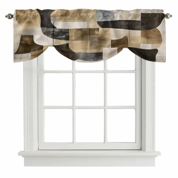 Tie Up Valances for Windows, Abstract Boho Adjustable Valance Curtains Window Treatment for Living Room/Bedroom Windows, Vintage Black Brown Geometric Rod Pocket Kitchen Curtains & Drapes 60x18 Inch