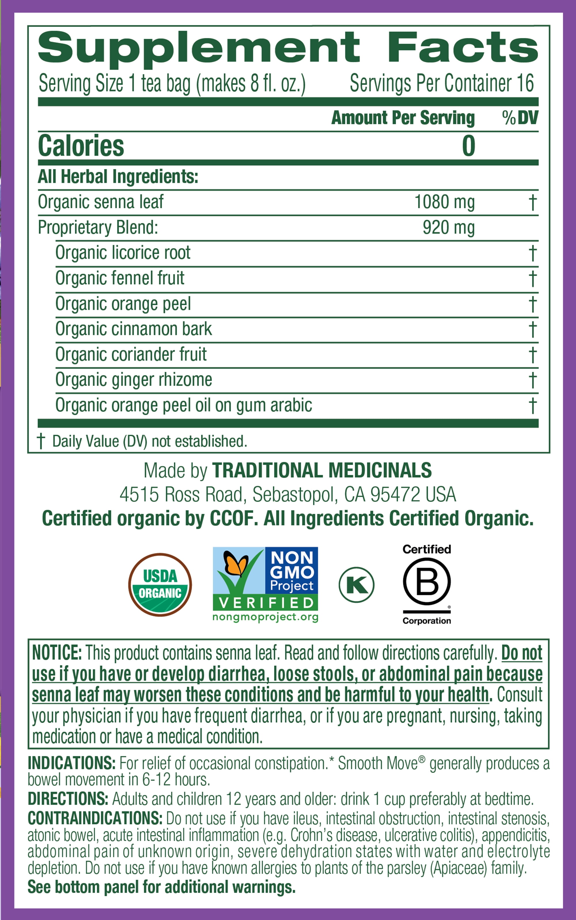 Traditional Medicinals Organic Smooth Move Senna Laxative Herbal Tea Bags, 16 Count