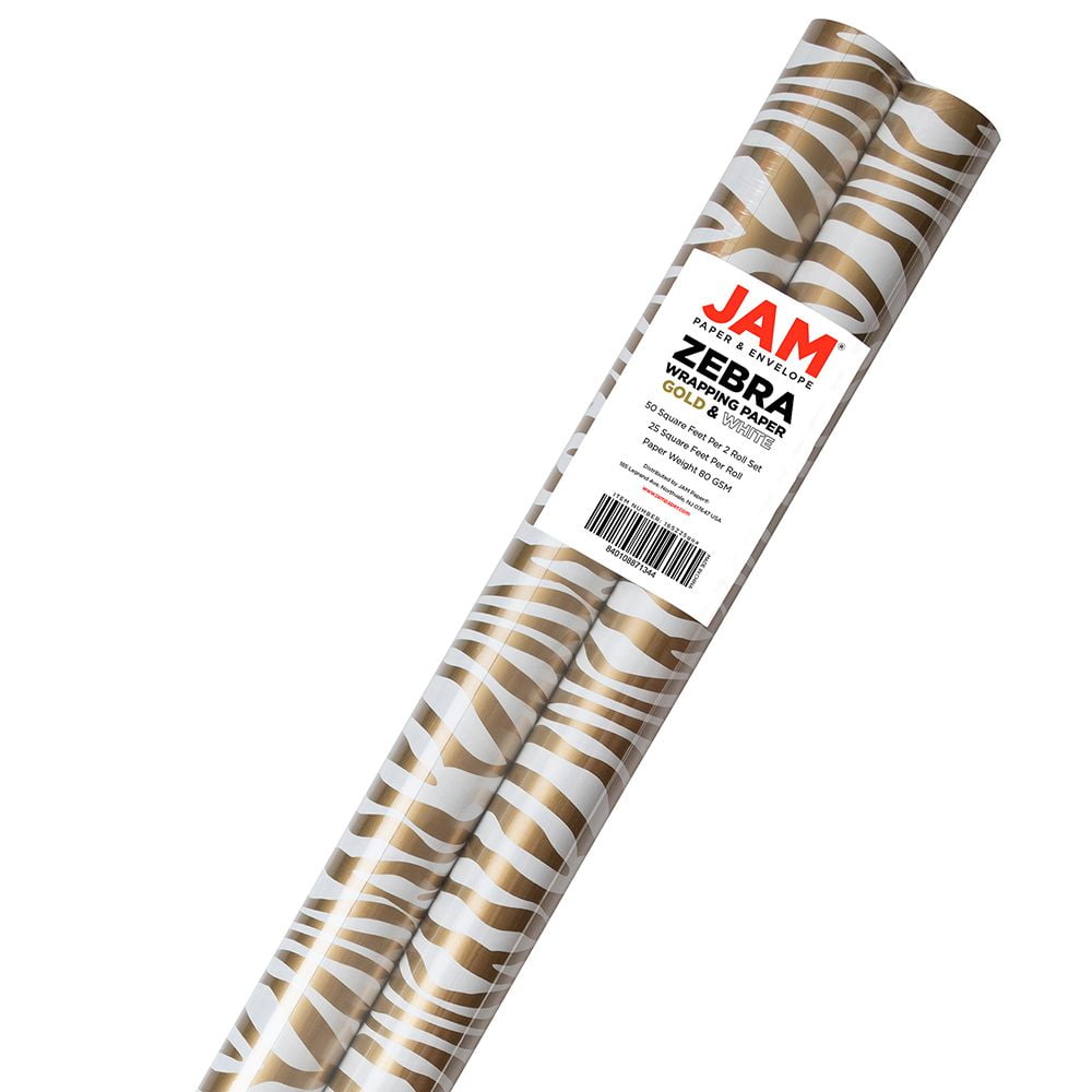 JAM Paper Gold & White Zebra Wrapping Paper, 50 Sq ft. Total, 2 per Pack