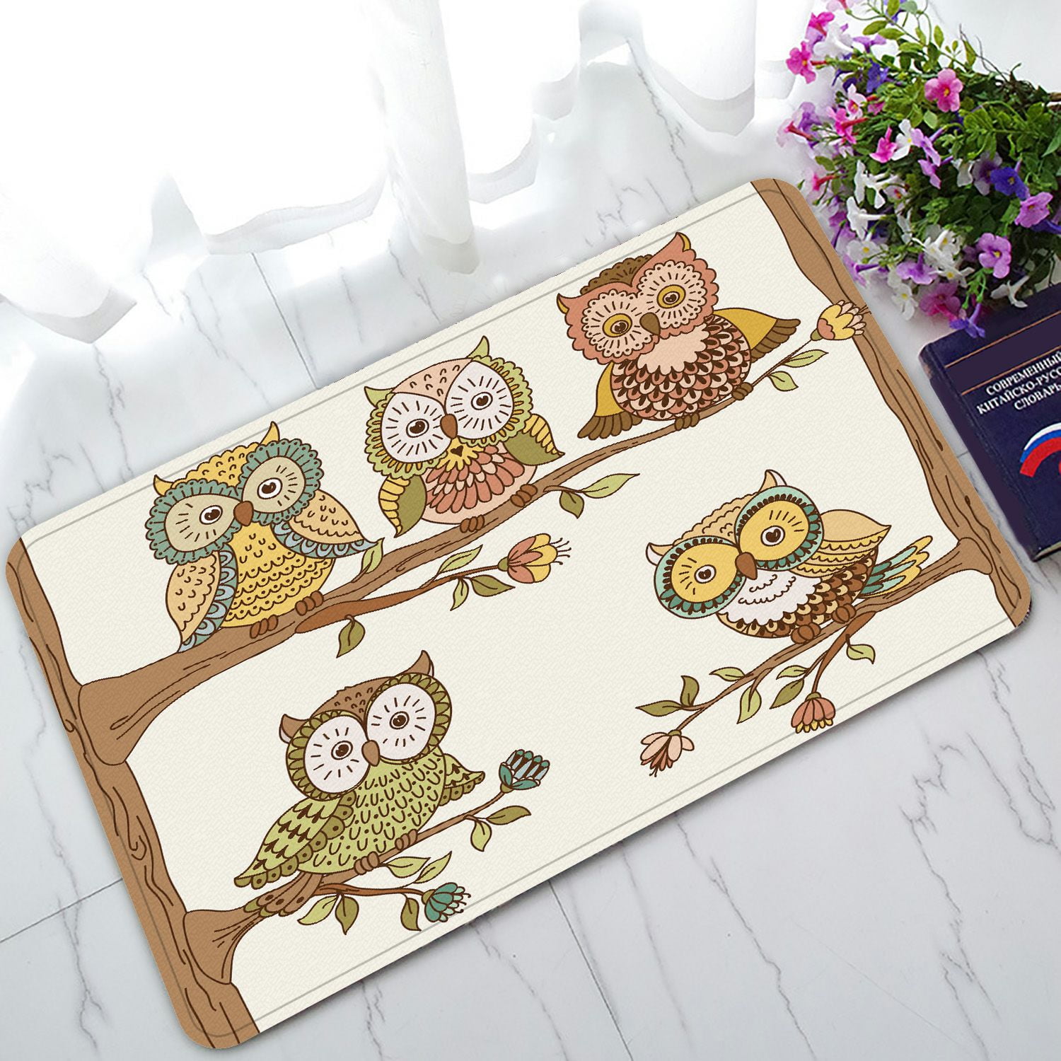 PHFZK Owls Doormat, Cute Owls on Branches Floral Background Doormat Outdoors/Indoor Doormat Home