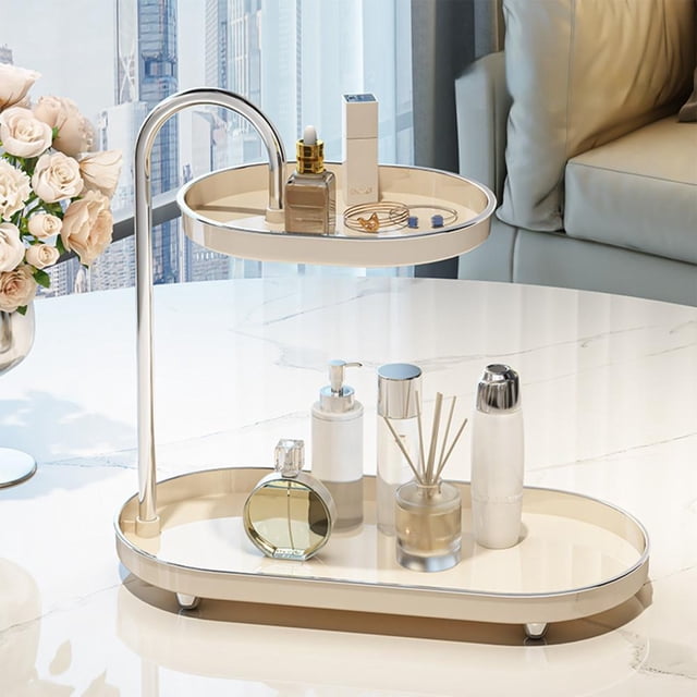 Double Layer Elliptical Tray Cosmetics Organizer for Makeup and Jewelry Storage, Space Saving Countertop Rack with Stable Metal Legs for Home Office Desk