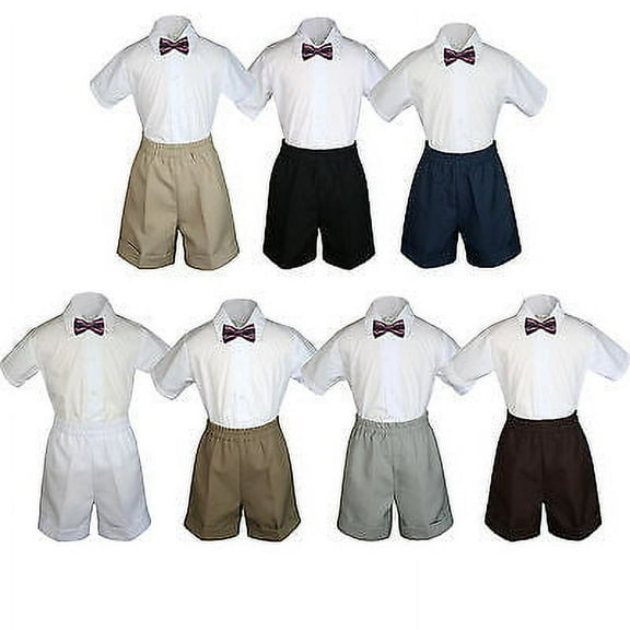 3pc Set Boy Toddler Formal Party Eggplant Bow Tie White Navy Khaki Shorts S-4T