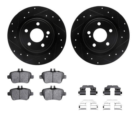 Dynamic Friction Company Rear Brake Rotors-Drilled and Slotted-Black with 5000 Euro Ceramic Brake Pads includes Hardware 8612-63073