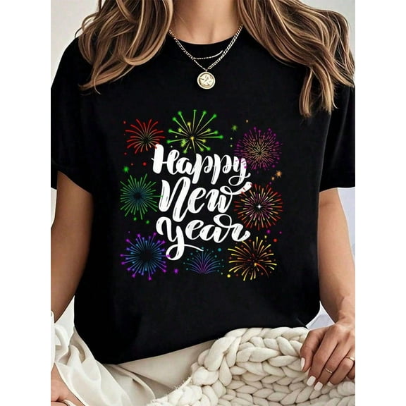 100% Cotton Happy New Year Countdown Fireworks New Years Eve Party T-Shirt Summer Tees Women